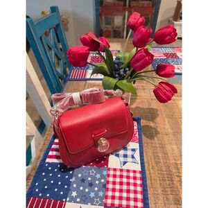 Badgley Mischka Red Vegan Leather Saddle Bag Letter Lock Crossbody BMH-303 NEW